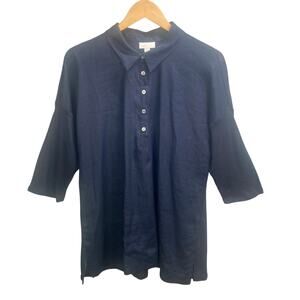J Jill Love Linen Tunic Top Button‎ Up Shirt 3/4 Sleeve Navy Blue Size Medium